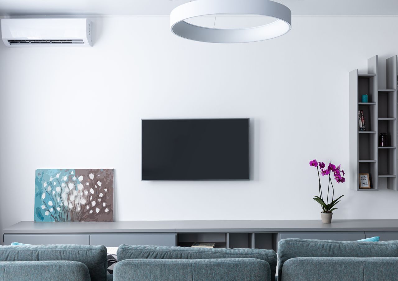 Contemporary living room decorated with purple flowers and rectangular shaped shelves handing on wall